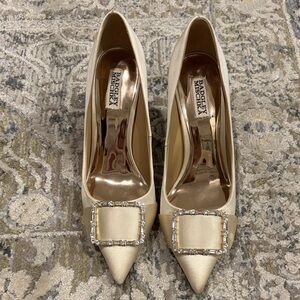 Badgley Mischka Cream Heels with Rhinestone Buckle